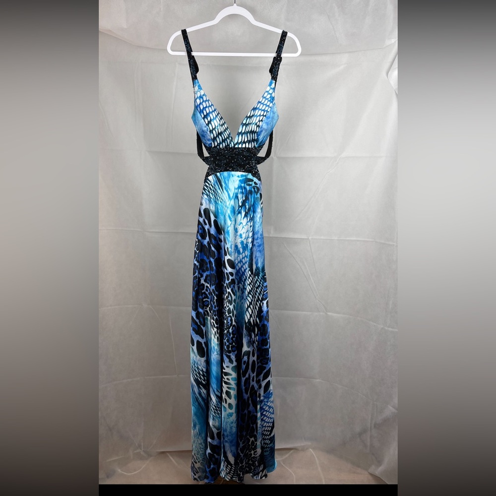 Faviana Formal Beaded/Sequin Leopard Print Backless Sleeveless Maxi Gown Size 8